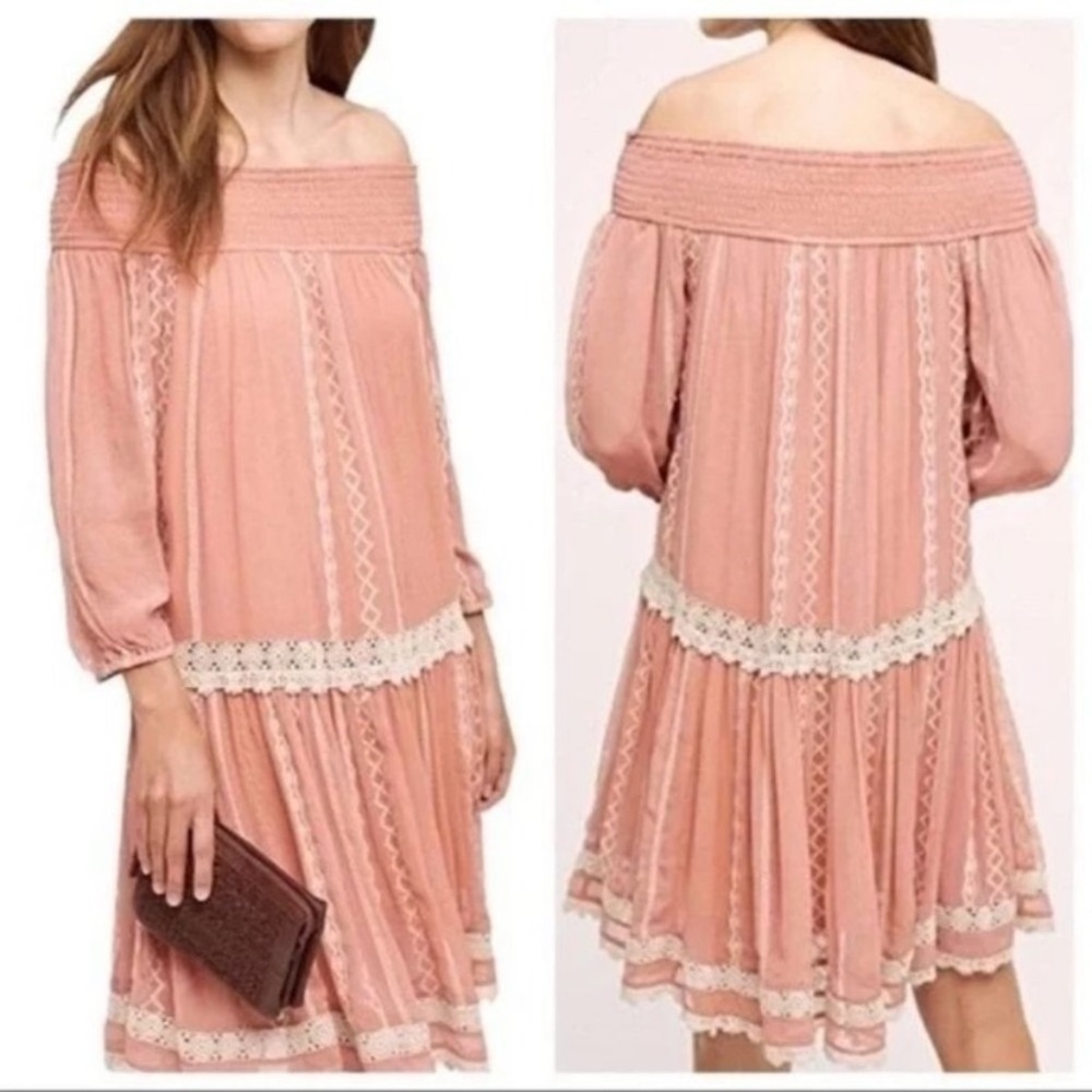 ANTHROPOLOGIE FLOREAT Orchard Off the Shoulder Drop Waist Dress Rose Blush sz M - Picture 3 of 10